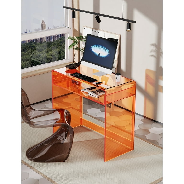 Computer Desk in Vibrant Orange Acrylic with Storage Shelf