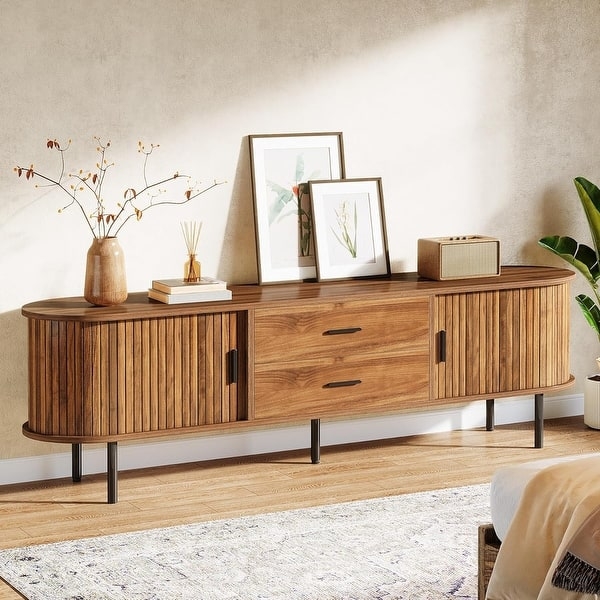 Console Cabinet: Curved Walnut Wood with Slatted Doors