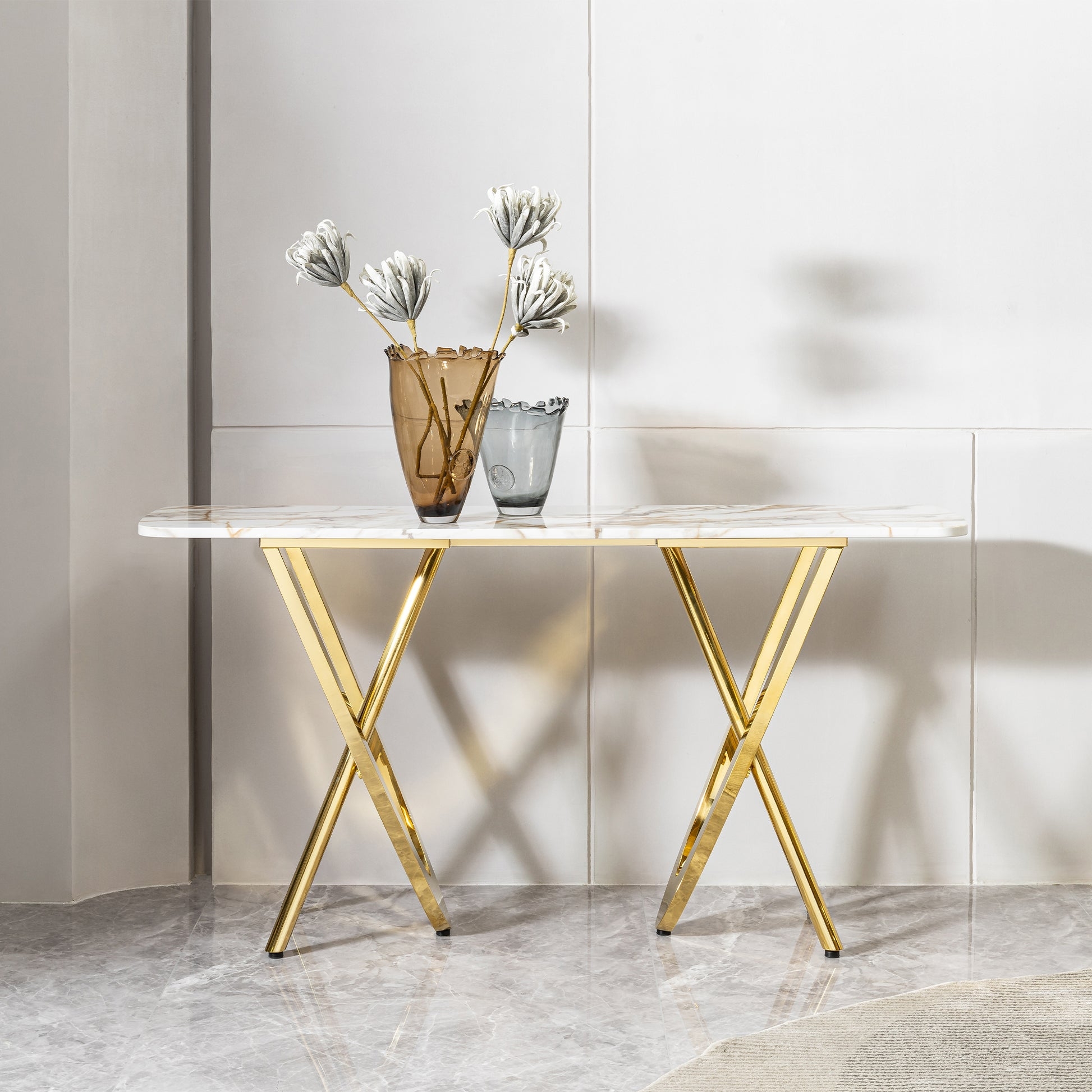 Console Table including Gold X-Frame and Marble Top