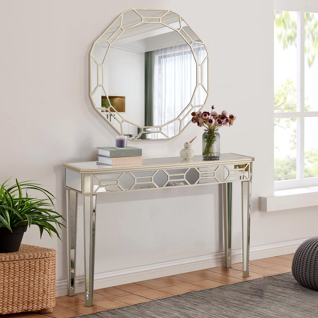 Console Table Set including Octagonal Lattice Wall Mirror