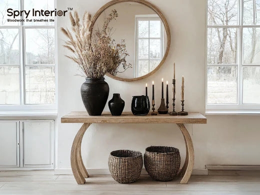 Console Table with Crescent Base and Natural Wood Tones