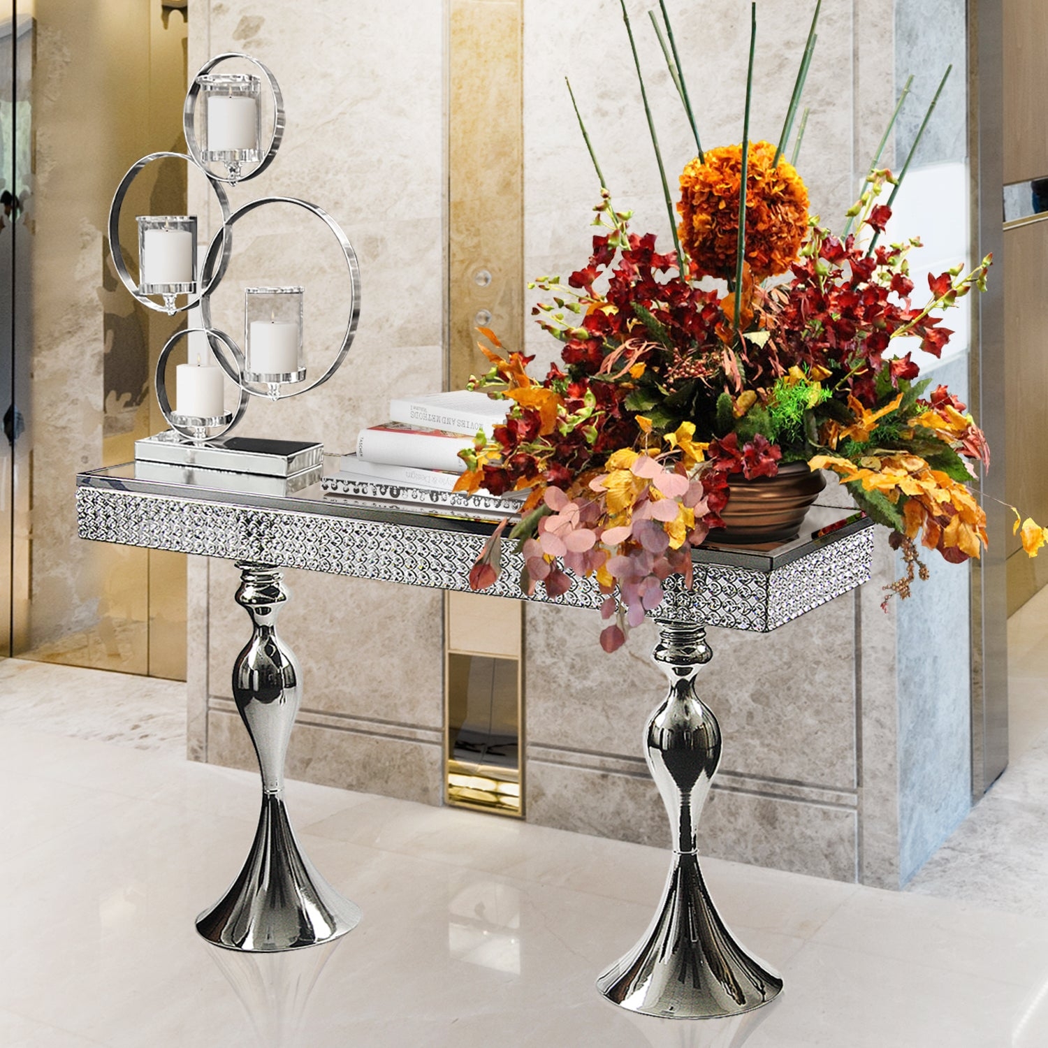 Console Table with Crystal Encrusted Apron and Chrome Base