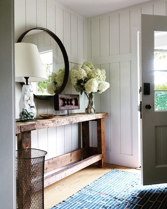Console Table with Distressed Wood Finish and Round Mirror