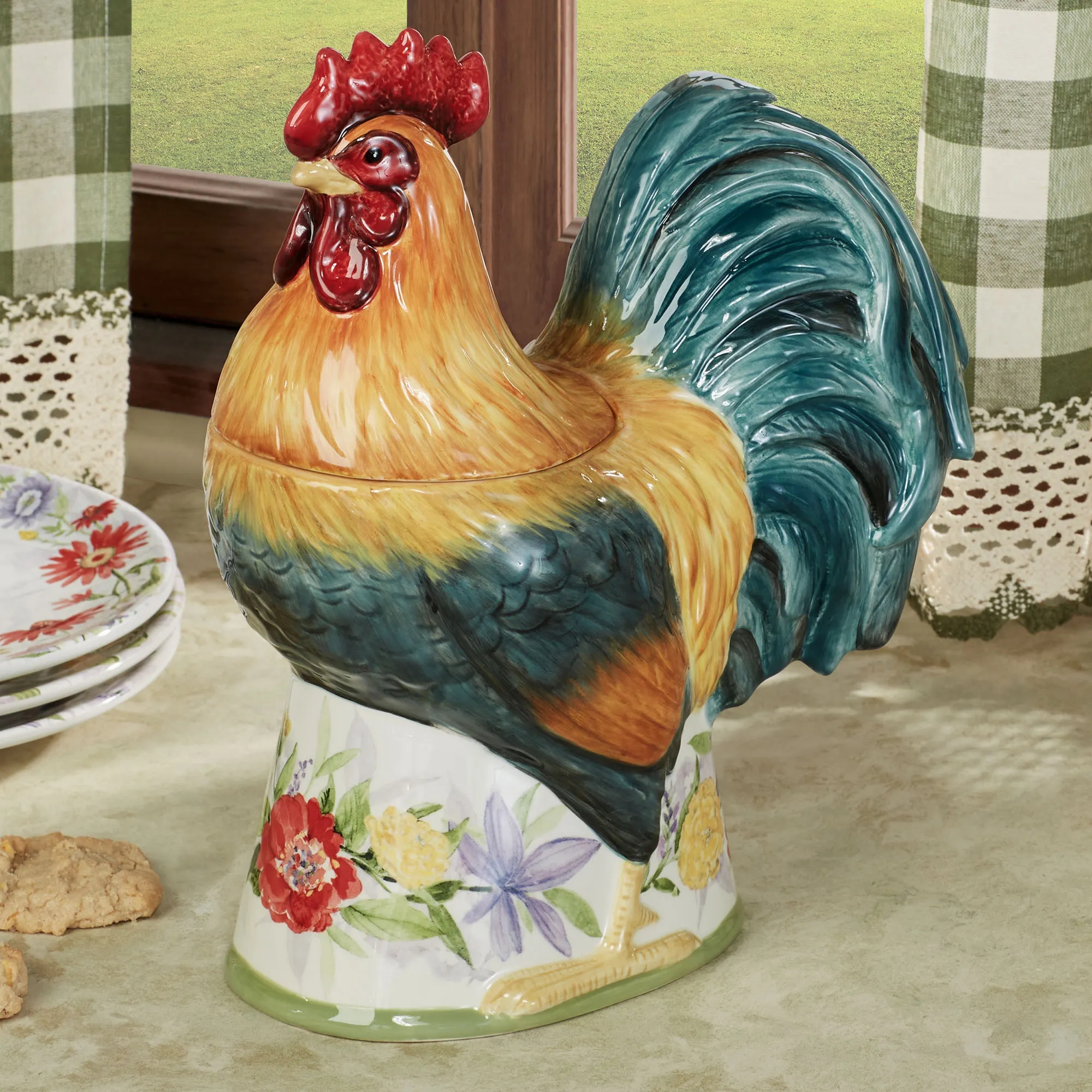 Cookie Jar in Rooster Shape with Floral Base Ceramic