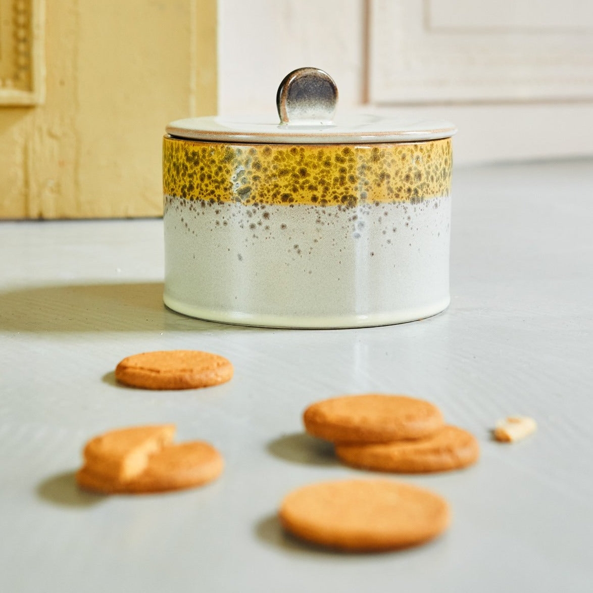 Cookie Jar with Autumn Yellow Band 70s Style Ceramic