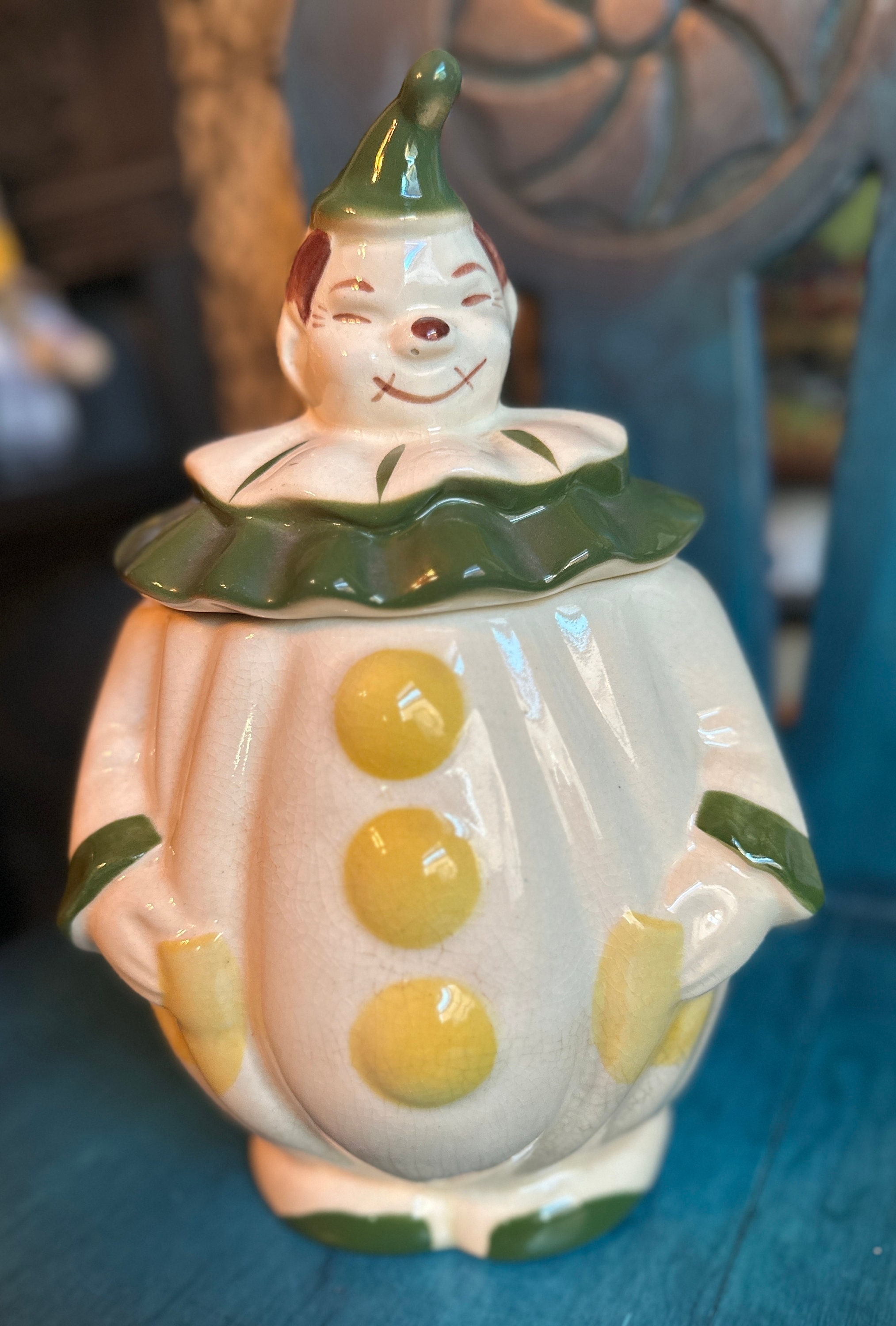 Cookie Jar with Crackle Glaze Figural Clown Mid-Century