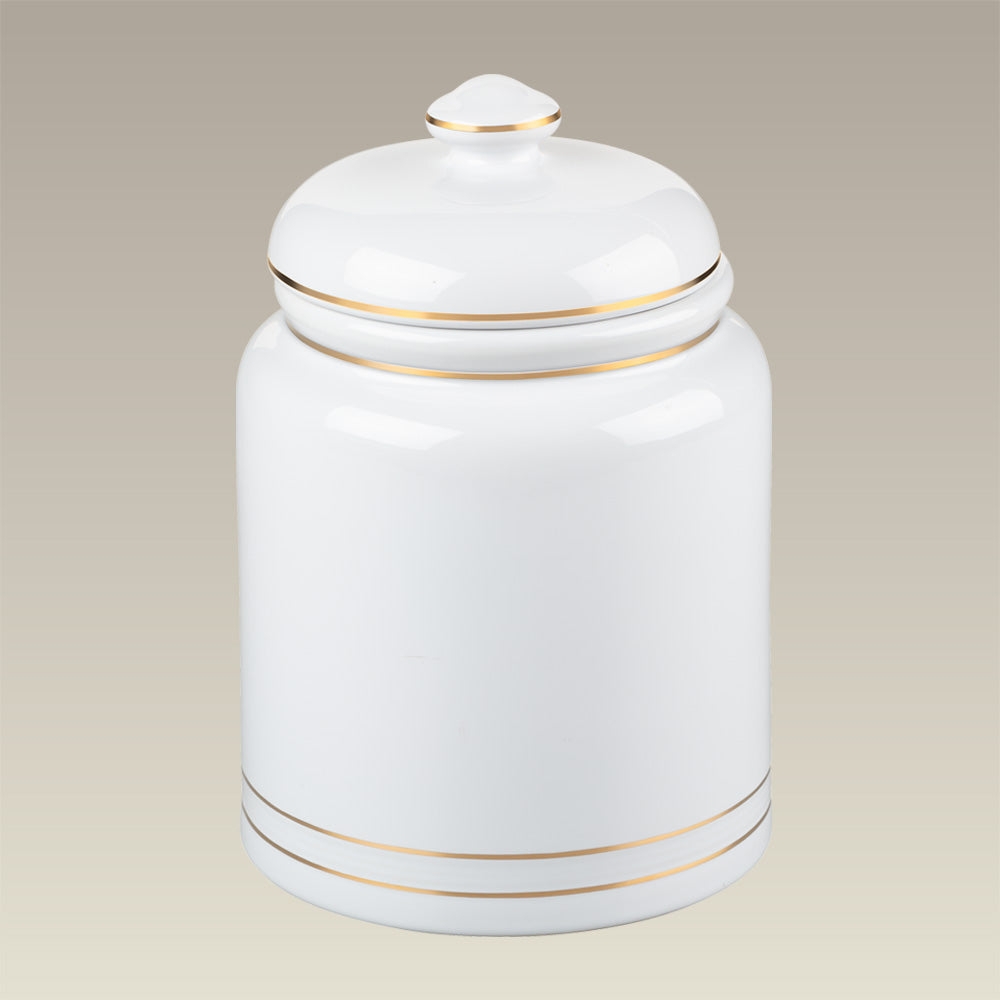 Cookie Jar with Gold Banding Elegant White Ceramic