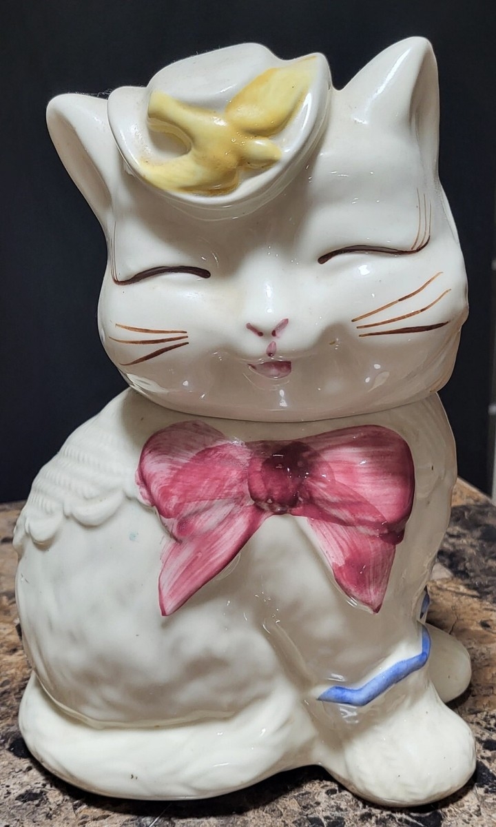 Cookie Jar with Magenta Neck Bow Retro Cat Figurine