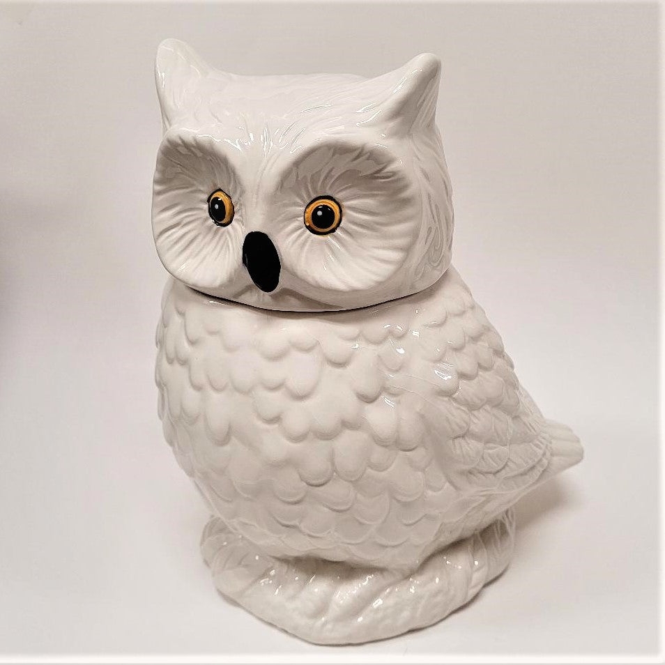 Cookie Jar with Textured Feathers White Owl Shaped