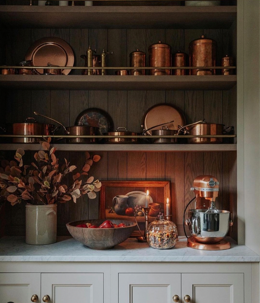Copper Cookware with Dark Wood Backdrop Autumn Pantry Styling