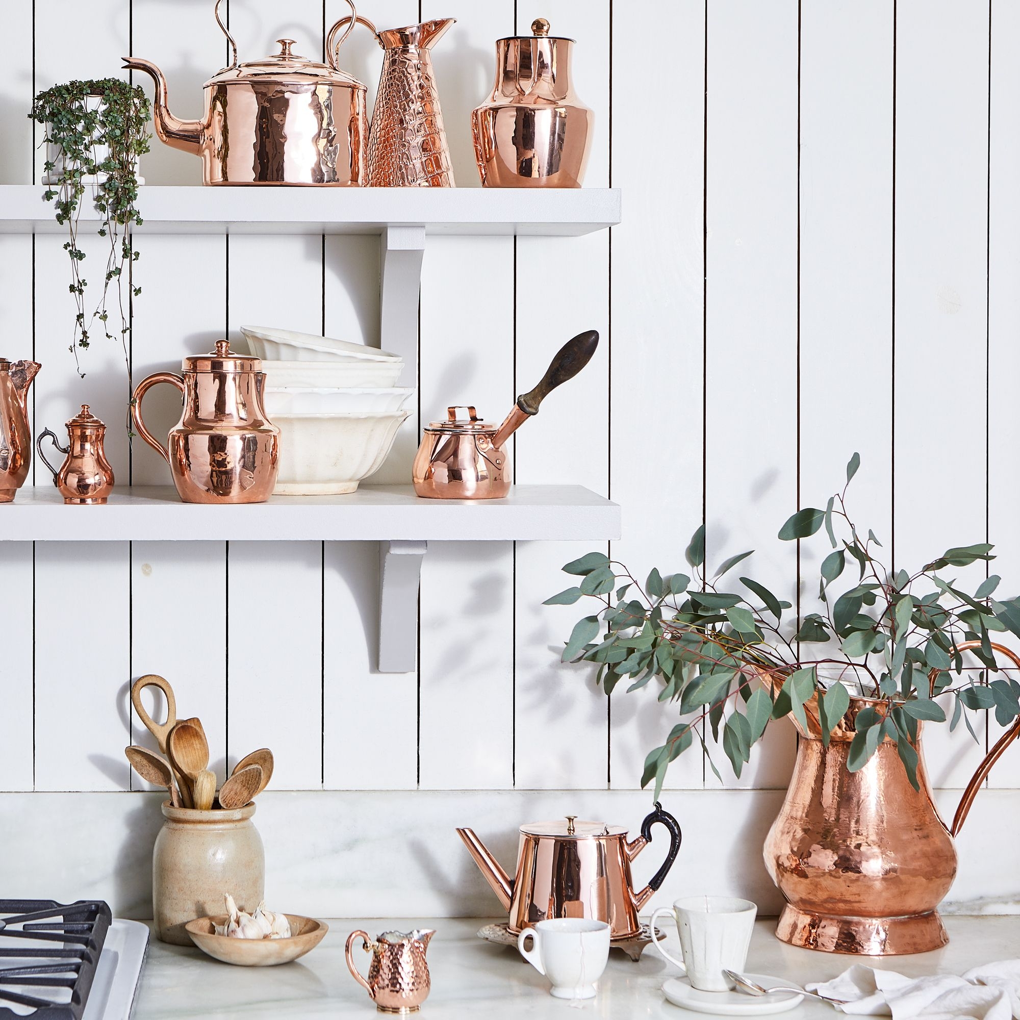 Copper Cookware with Mixed Antique Shapes Shiplap Shelving