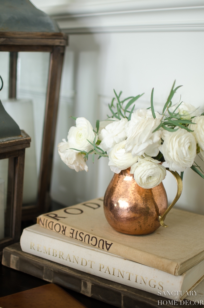 Copper Pitcher on Book Stack Pedestal for Vintage Book Decor
