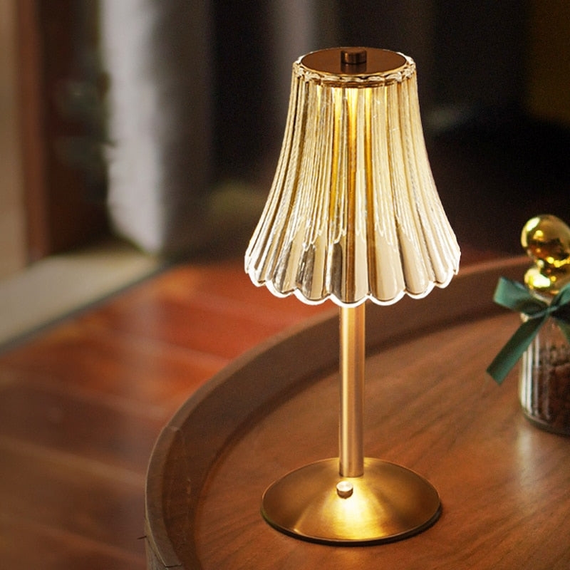 Cordless Table Lamp featuring Pleated Glass and Scalloped Rim