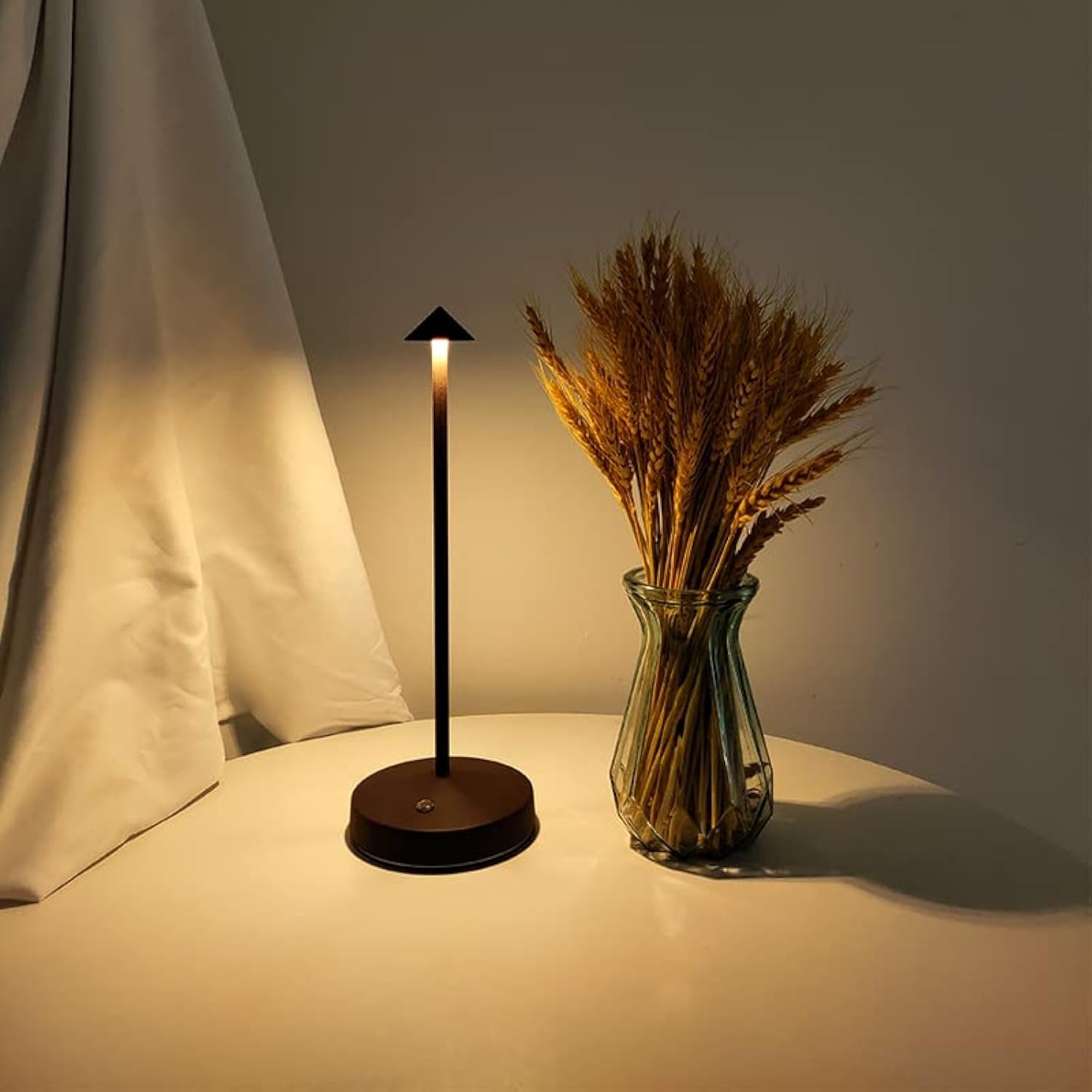 Cordless Table Lamp with Slim Stem and Rust Conical Shade