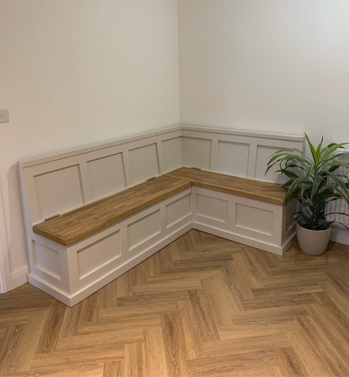 Corner Banquette: Shaker Panels and Off-White Storage Seat