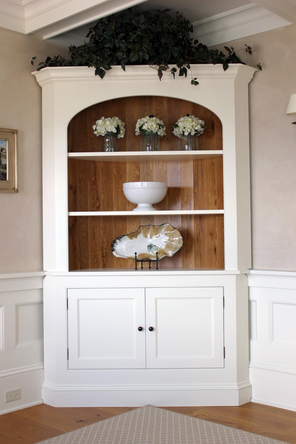 Corner China Cabinet Arched Opening Wood Tone Interior