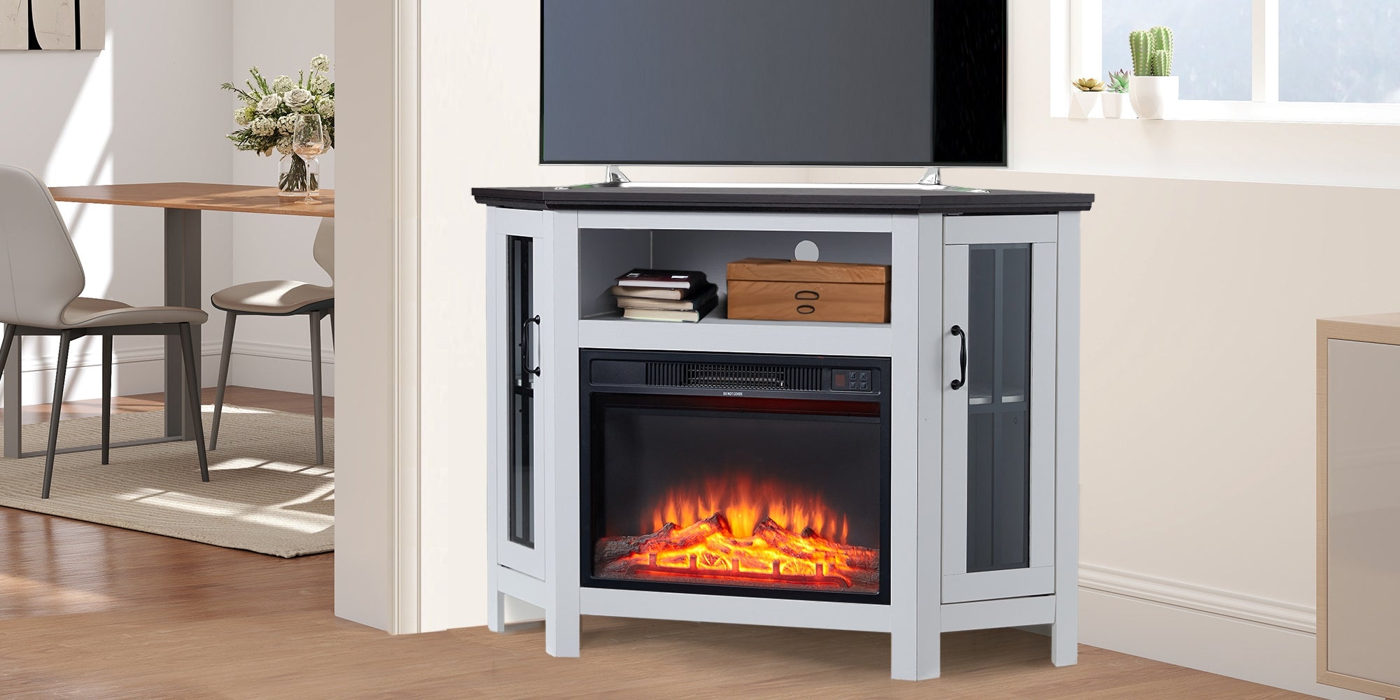 Corner Fireplace TV Stand with Corner Cutout and Contrasting Top