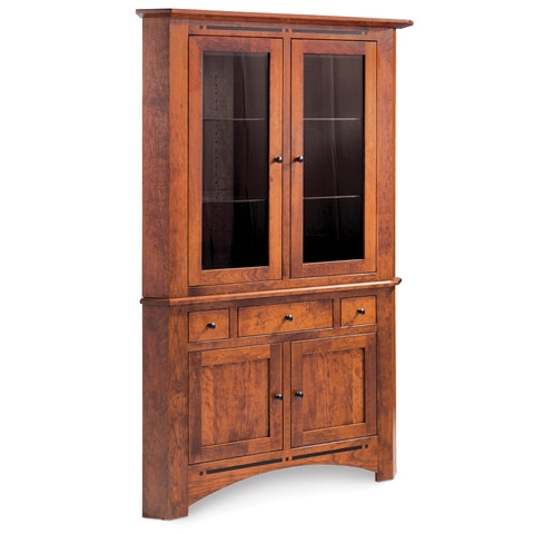 Corner Hutch Dark Linear Inlay Craftsman Wood Cabinet