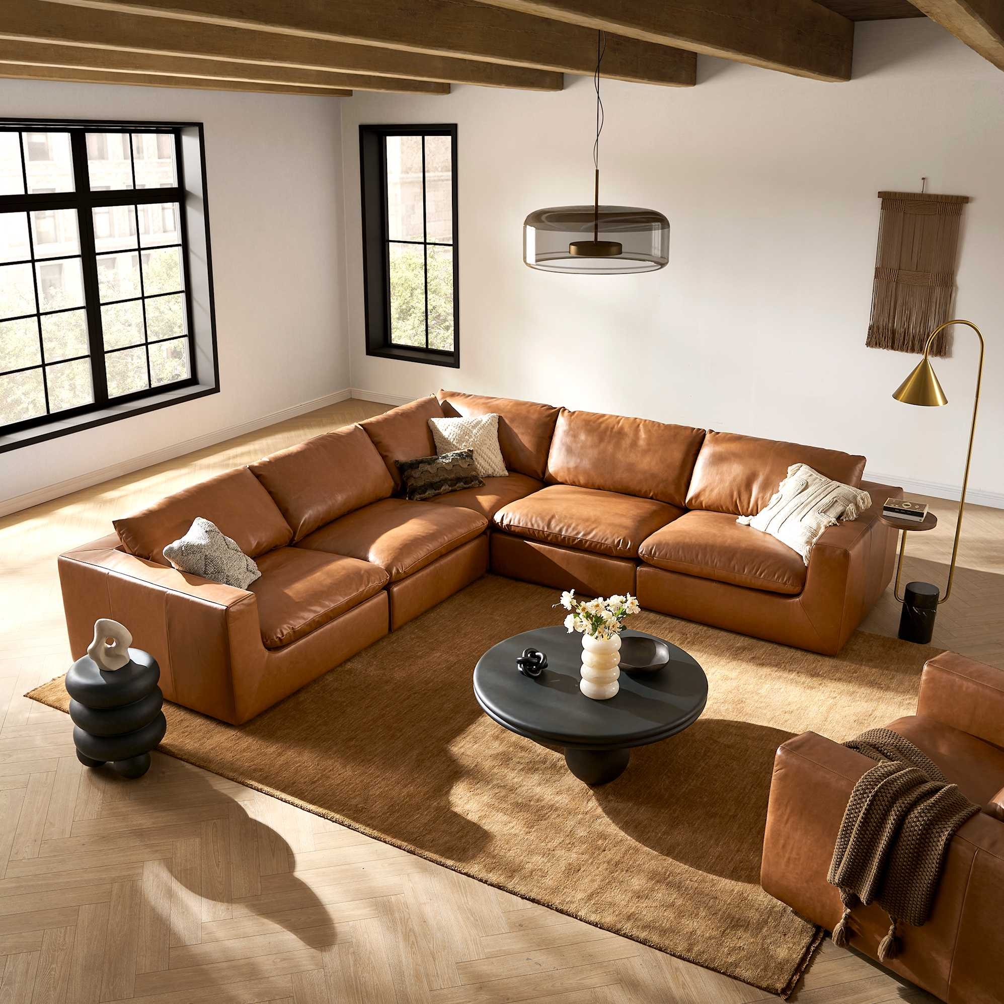 Corner Sectional Sofa Cognac Leather Texture Low Profile