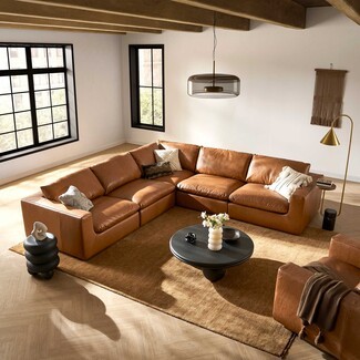 Corner Sectional Sofa Cognac Leather Texture Low Profile