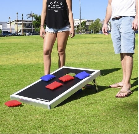 Cornhole Set featuring Silver Metal Trim and Matte Black Design