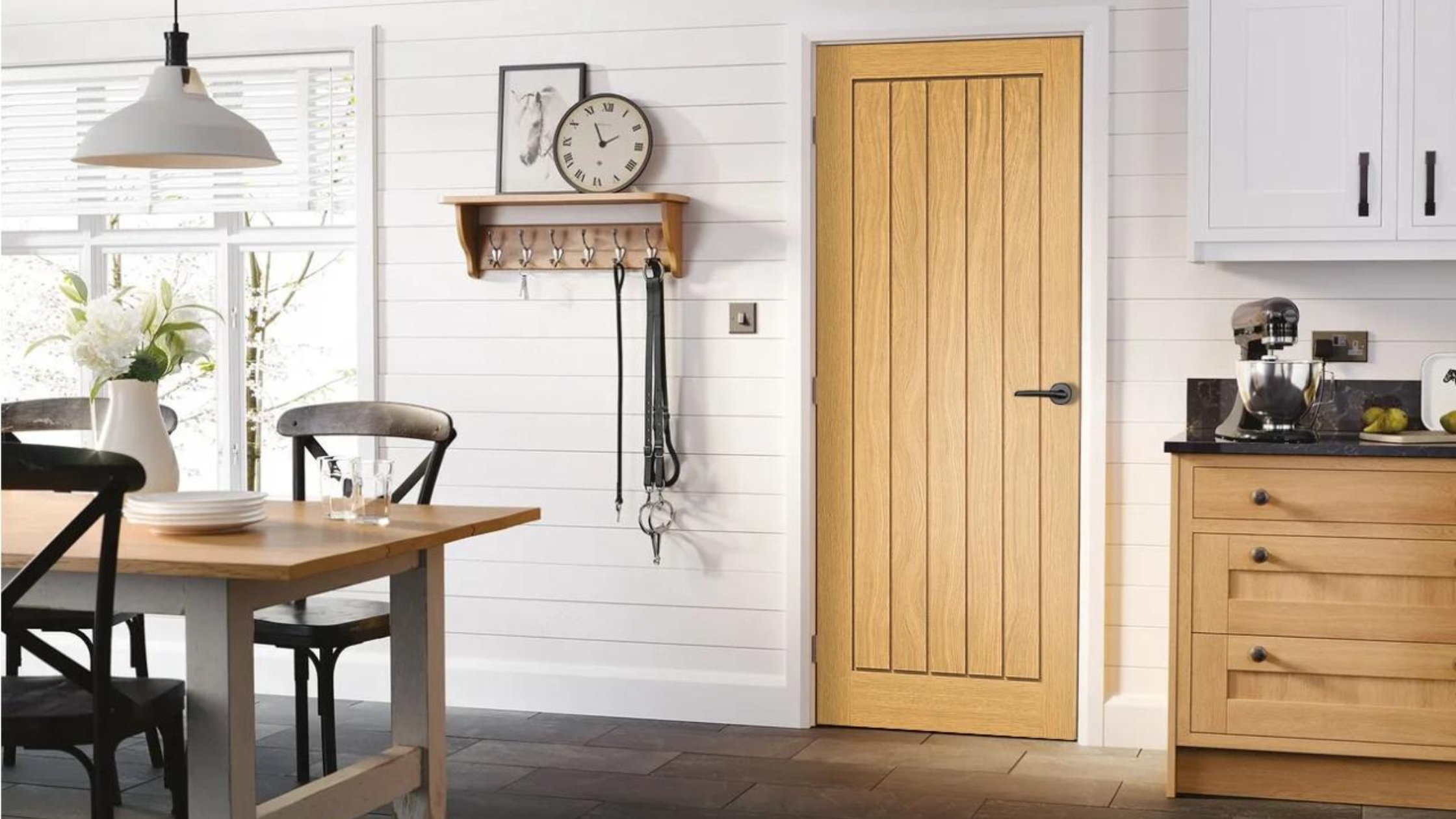 Cottage Door Vertical Grooves Warm Oak Tone Modern