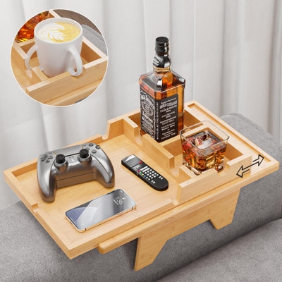 Couch Arm Table Slide-Away Bamboo Wide Arm Clip-On Tray