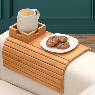 Couch Armrest Tray Built-in Mug Well Bamboo Sofa Tray