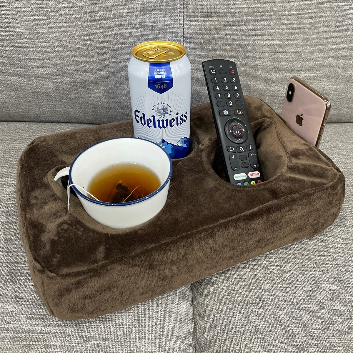 Couch Cup Holder Pillow Plush Brown Velvet Remote Pillow