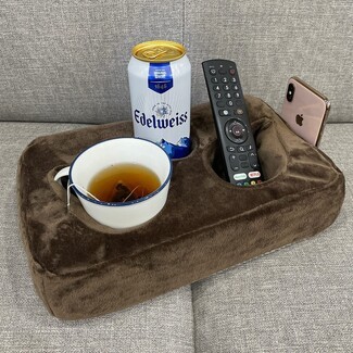 Couch Cup Holder Pillow Plush Brown Velvet Remote Pillow