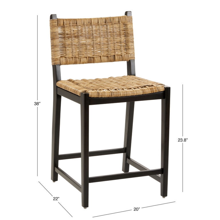Counter Stool Matte Black Wood with Woven Rattan Seat