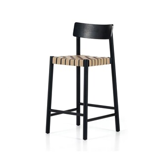 Counter Stool Woven Strap Seat Matte Black Wood Grain