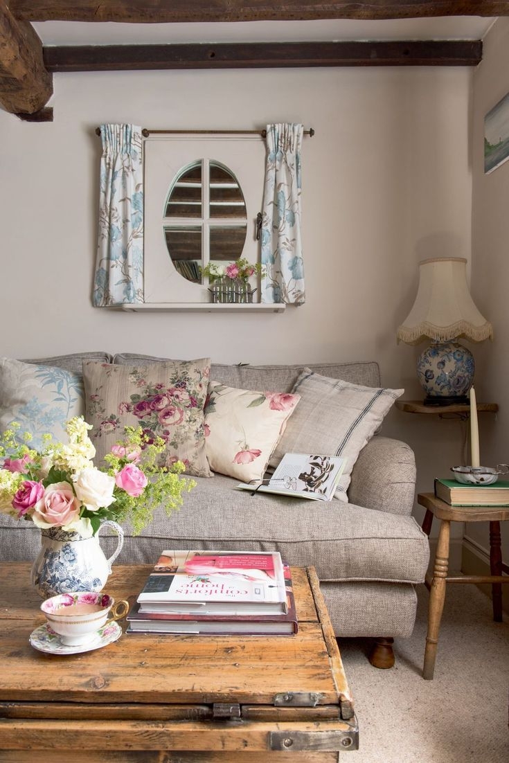 Country Sofa in Oatmeal Fabric with Mixed Floral Patterns