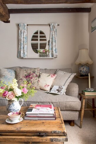 Country Sofa in Oatmeal Fabric with Mixed Floral Patterns