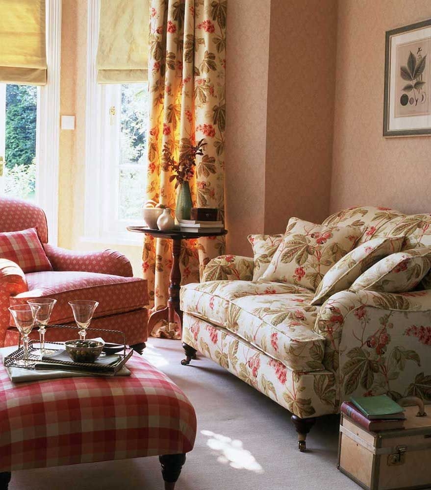 Country Sofa with Botanical Upholstery and Brass Casters