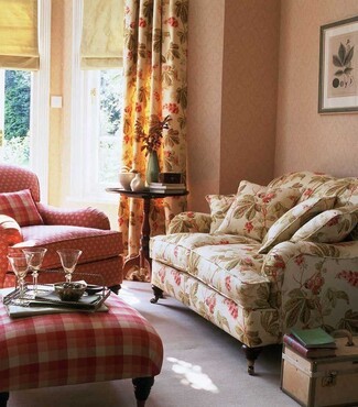Country Sofa with Botanical Upholstery and Brass Casters