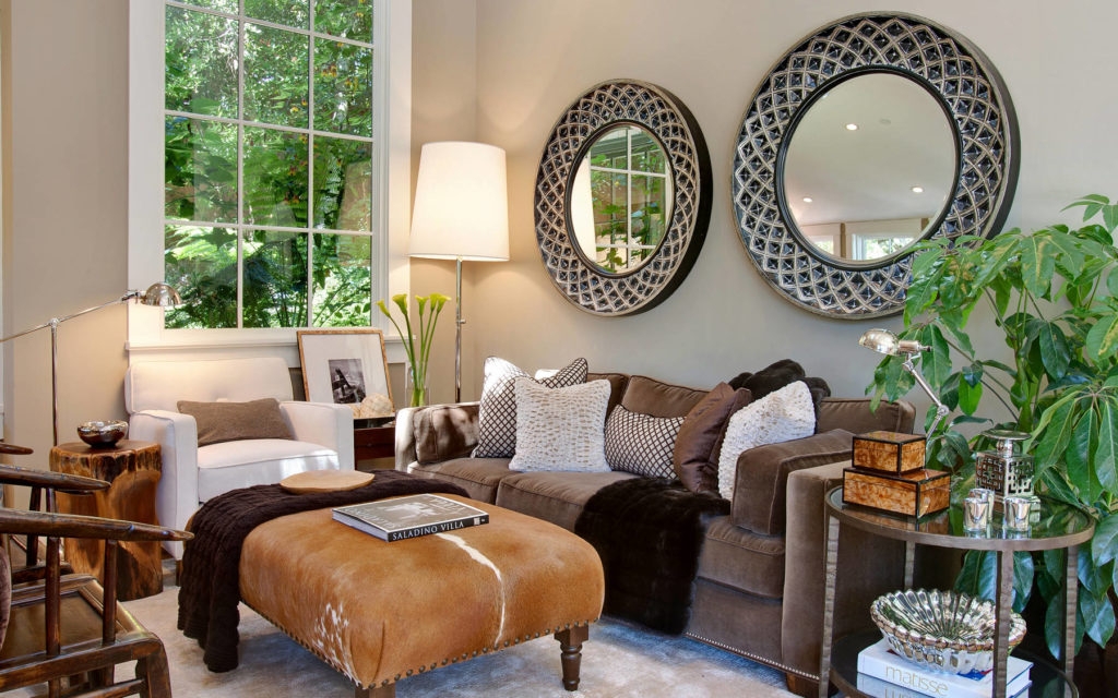 Cowhide Ottoman Coffee Table: Chestnut Brown Turned Legs