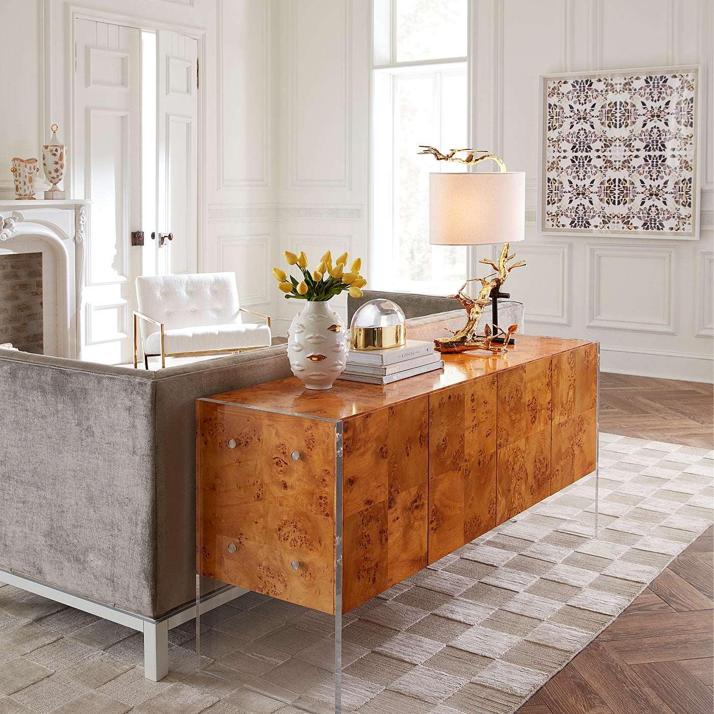 Credenza Burl Wood Veneer and Lucite Sides Luxury Buffet