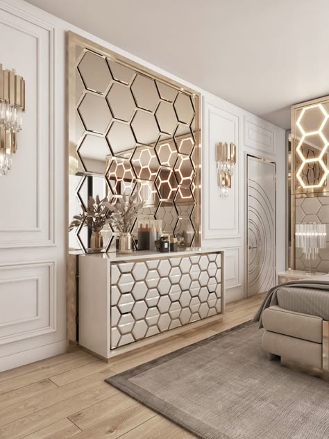 Credenza: Gold Honeycomb Motif Luxe Bedroom Paneling Design