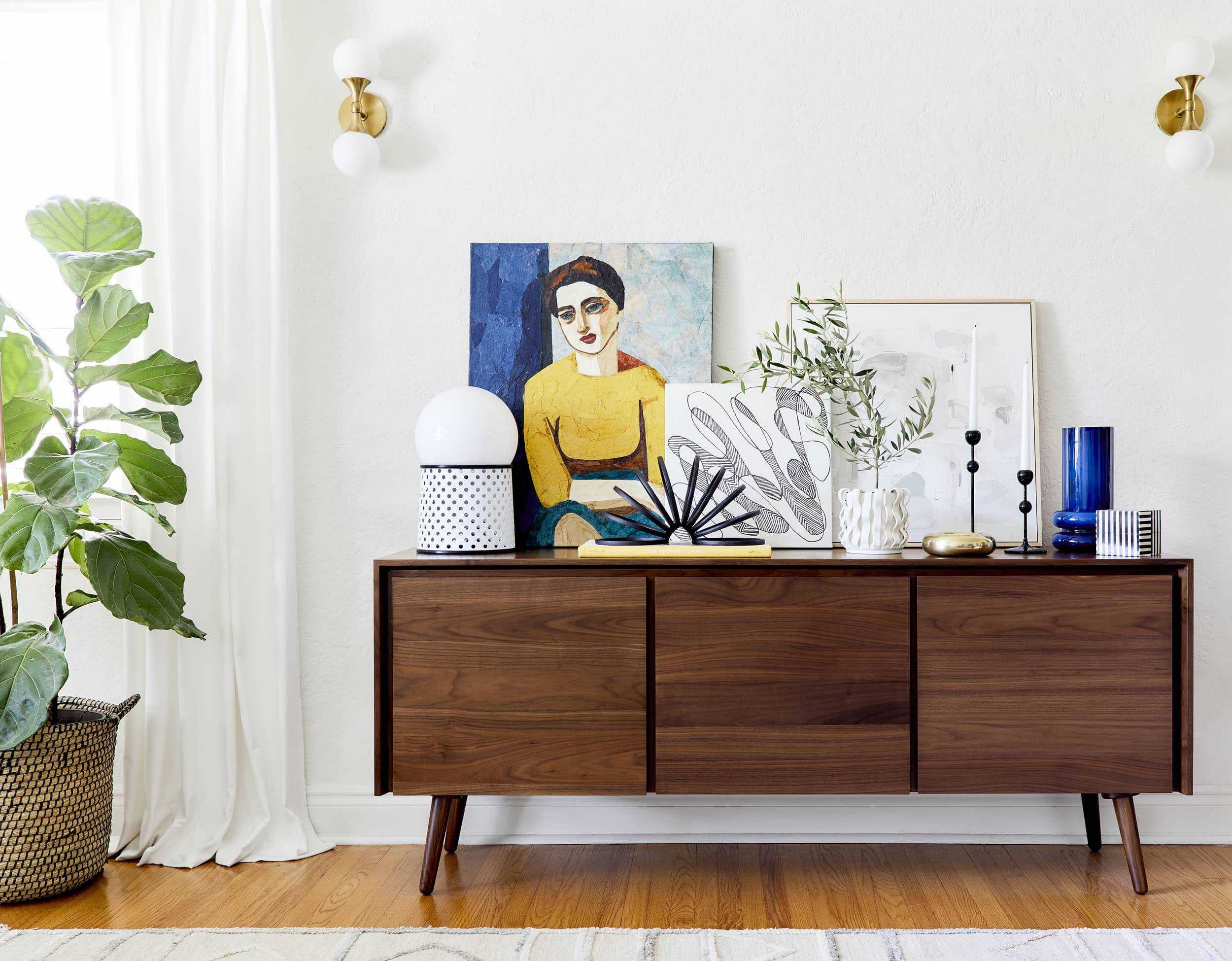 Credenza Layered Artwork Walnut Wood Vintage Style