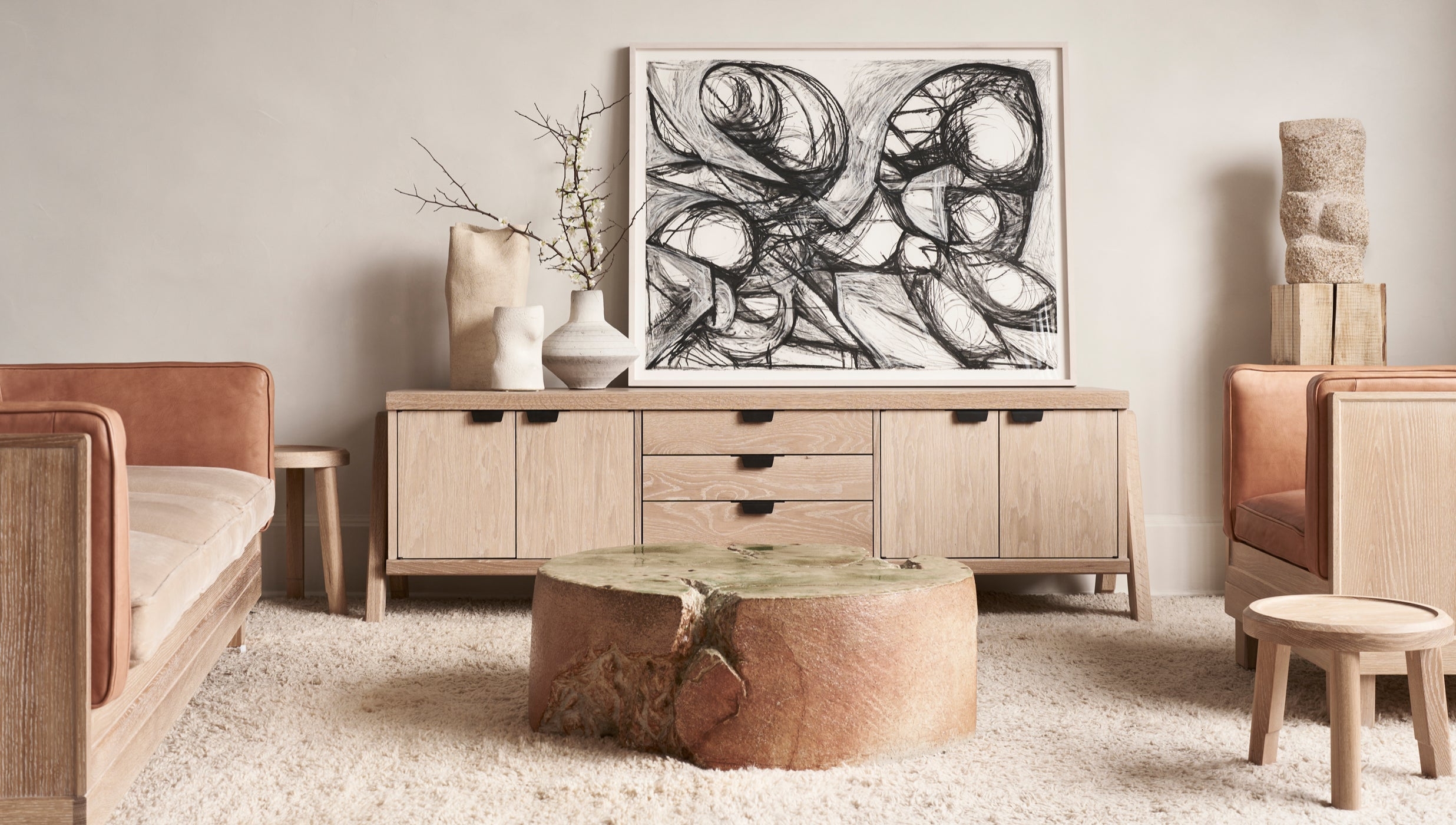 Credenza Light Wood Storage with V Shaped Legs Design