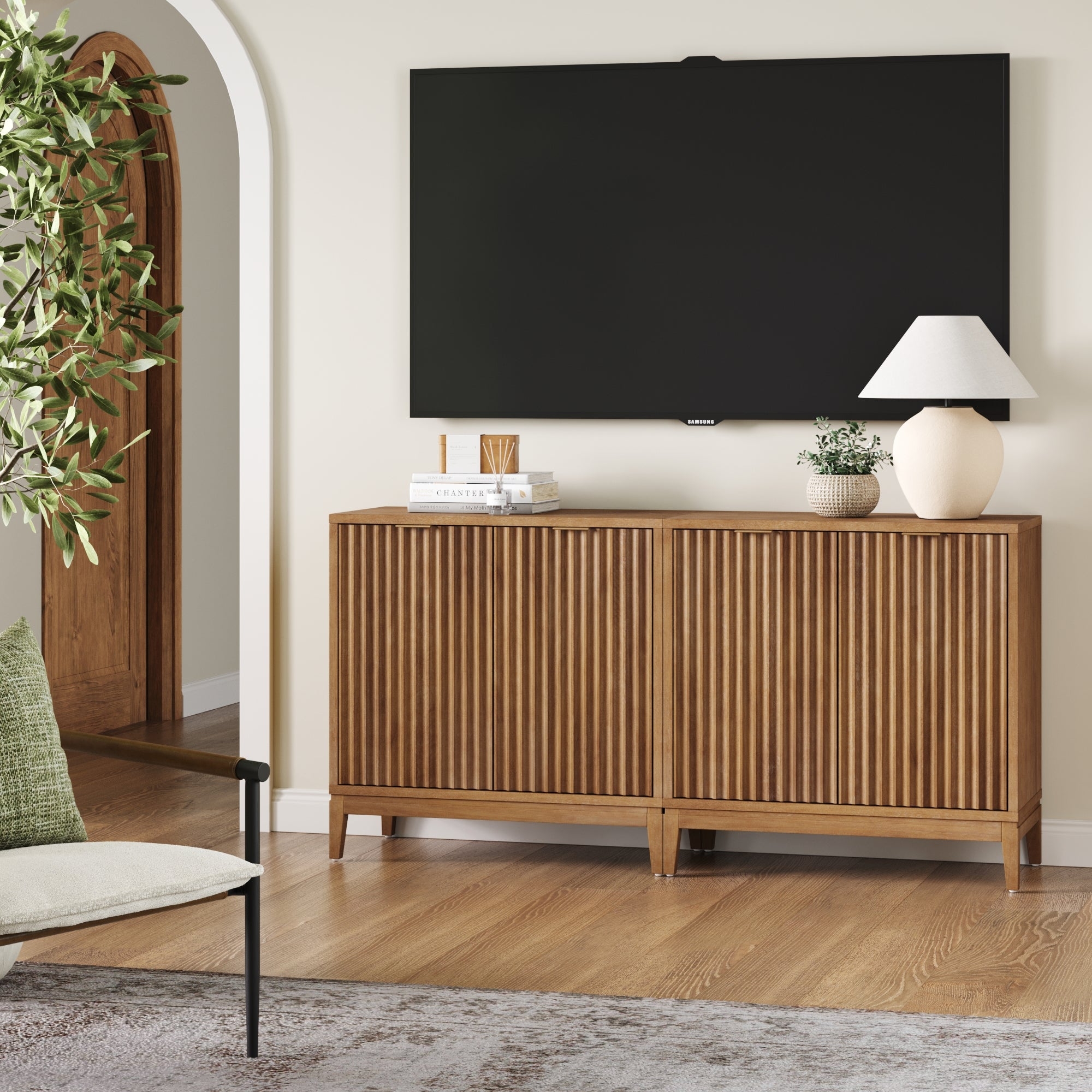 Credenza Set with Fluted Doors for Mid-Century Media