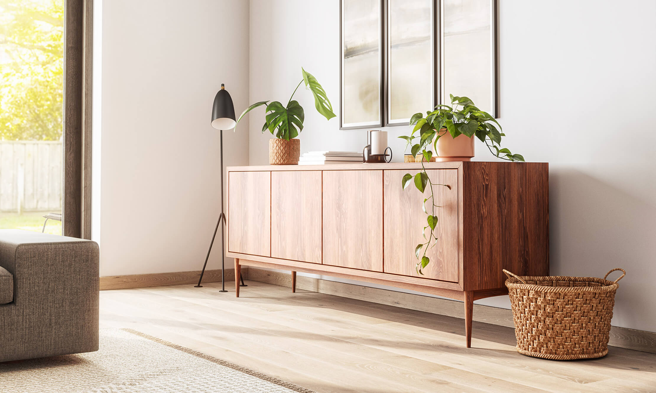 Credenza Walnut Wood Four Door Front Tapered Leg Storage