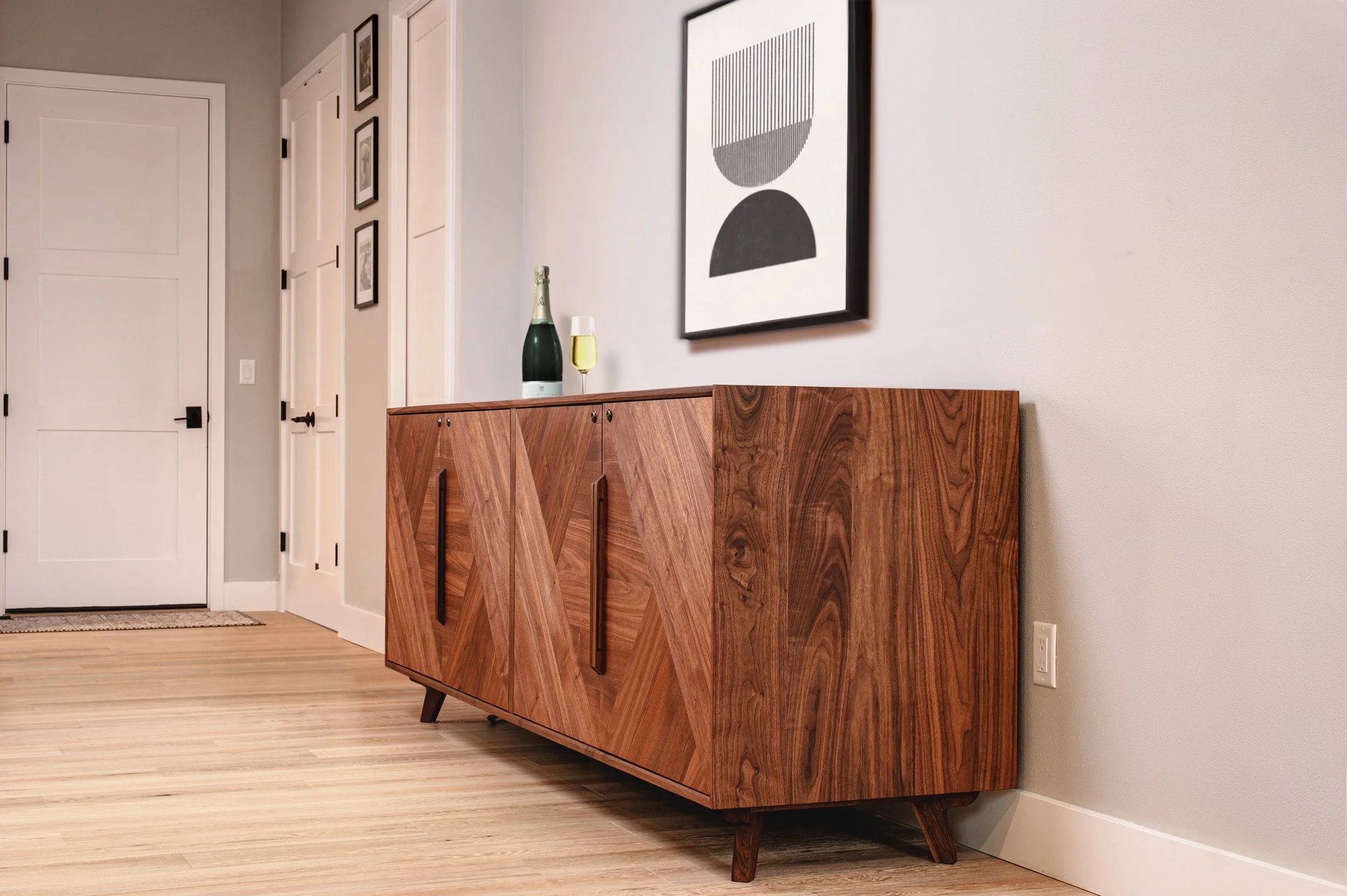 Credenza with Chevron Grain Pattern and Vertical Wood Pulls