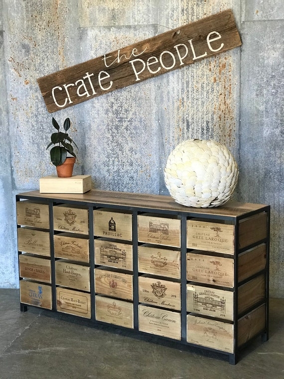 Credenza with Wine Crate Drawers and Vintage Typography