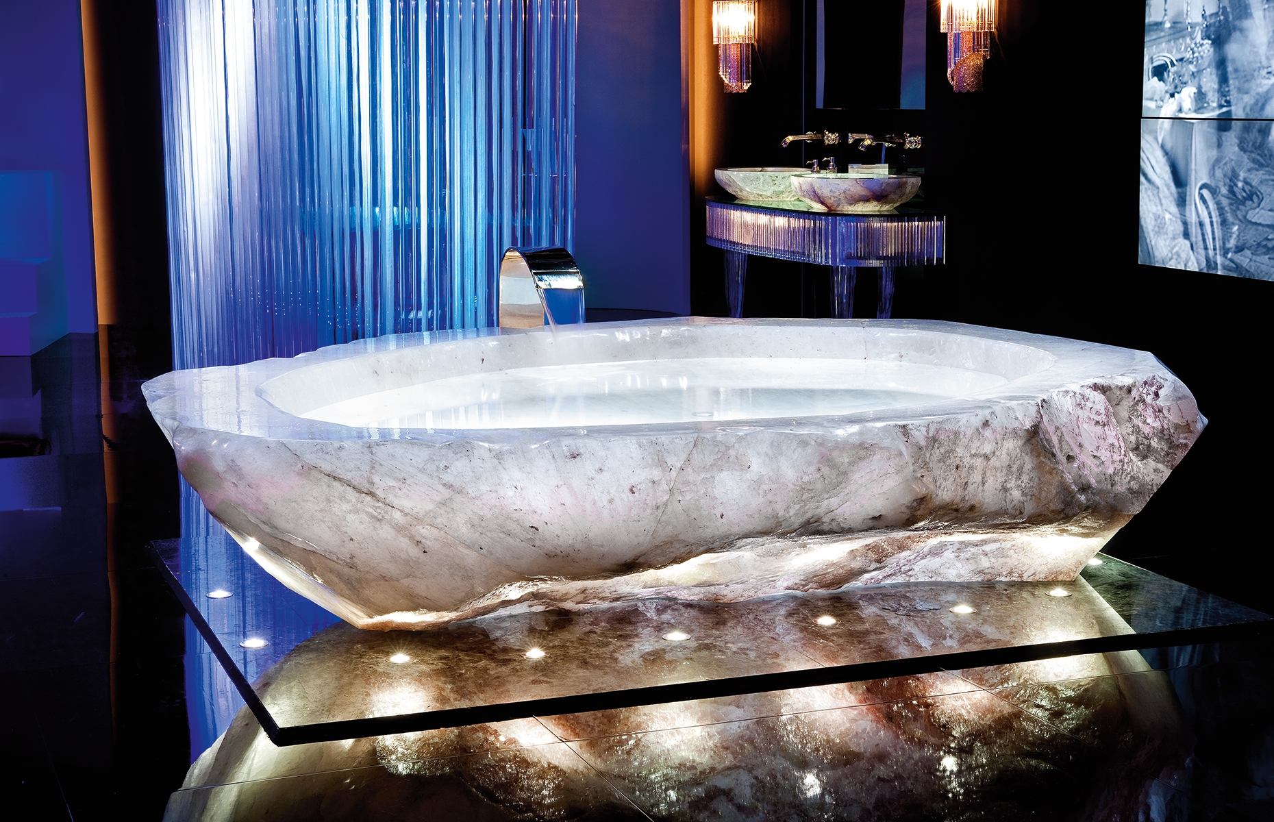 Crystal Bathtub Raw Stone Exterior Under Tub Lighting