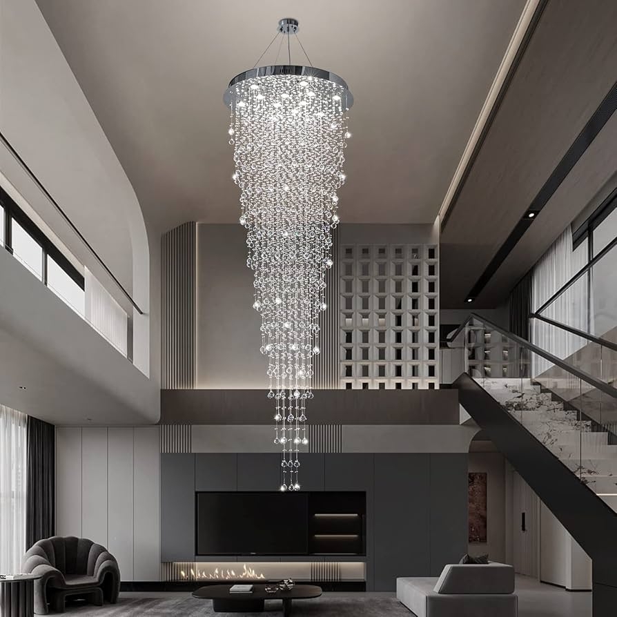 Crystal Chandelier Cascading Raindrop Design High Ceiling Foyer Light