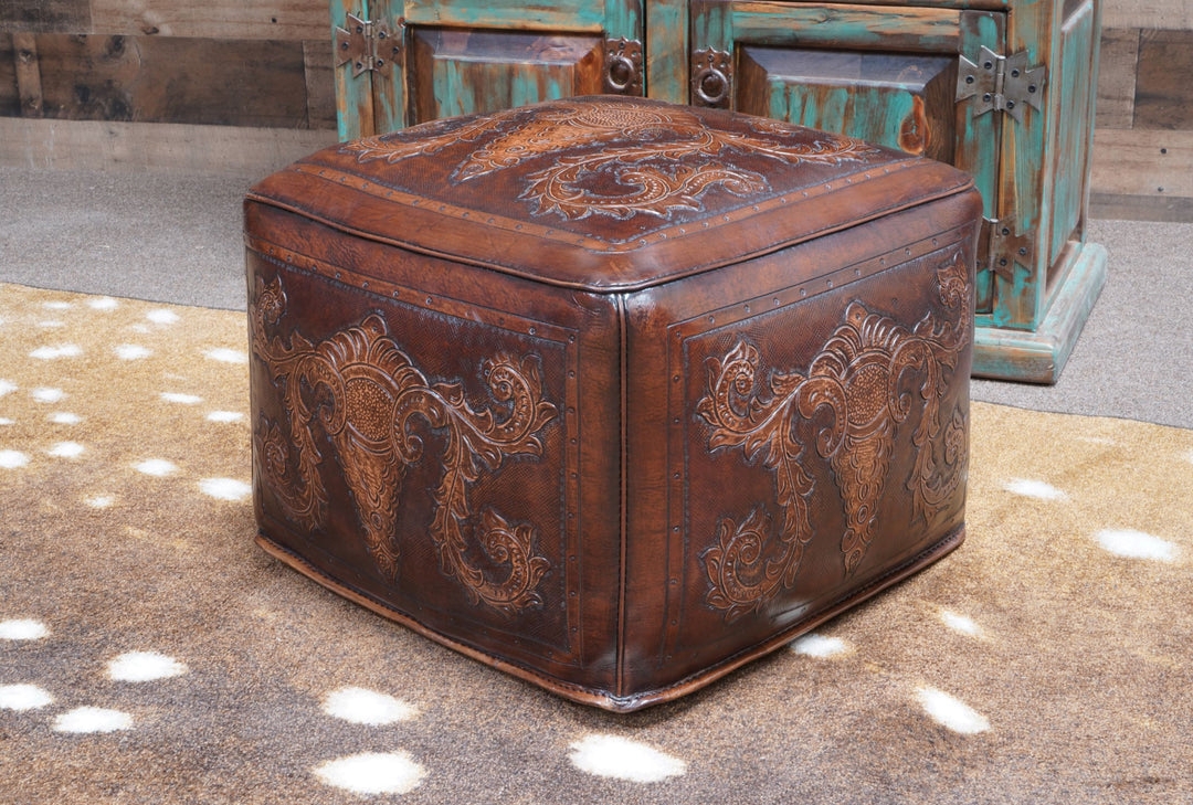Cube Ottoman: Floral Tooling Antique Tooled Leather Cube Ottoman