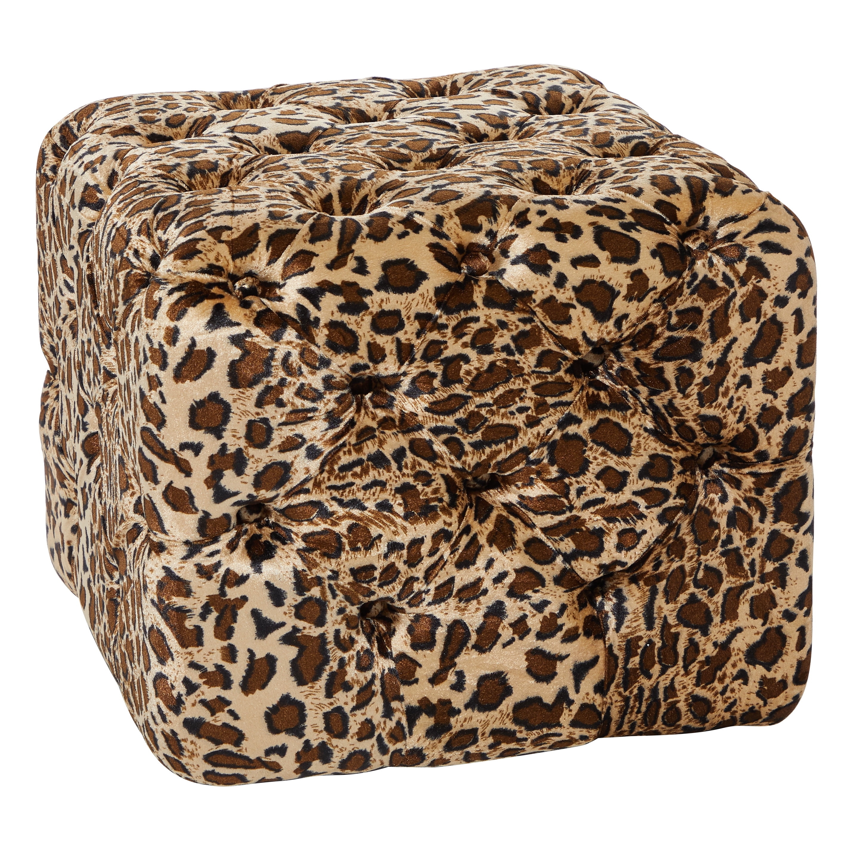 Cube Ottoman with Button Tufted Cube and Leopard Print Pouf