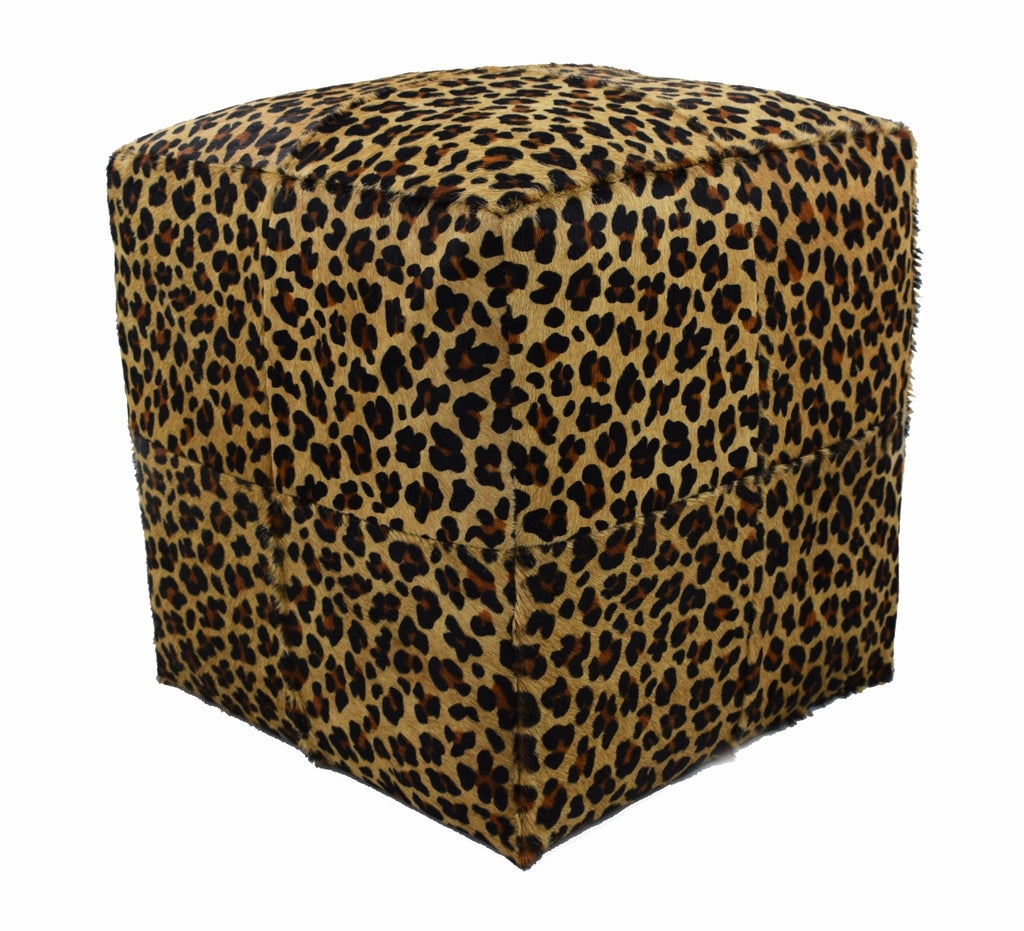 Cube Pouf with Patchwork Panels and Cowhide Texture Stool